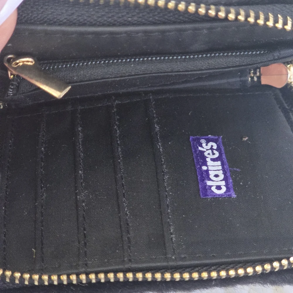 Claire's Black Gold Square Zip Around Elegant Faux Fur Wallet Clutch Purse